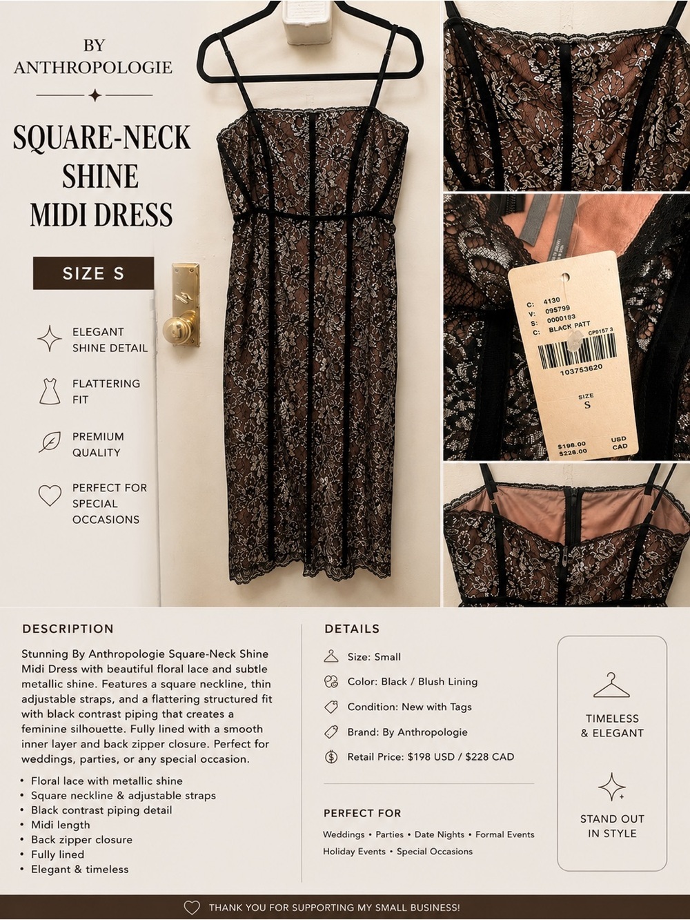 Anthropologie Black Lace Midi Dress with Blush Lining